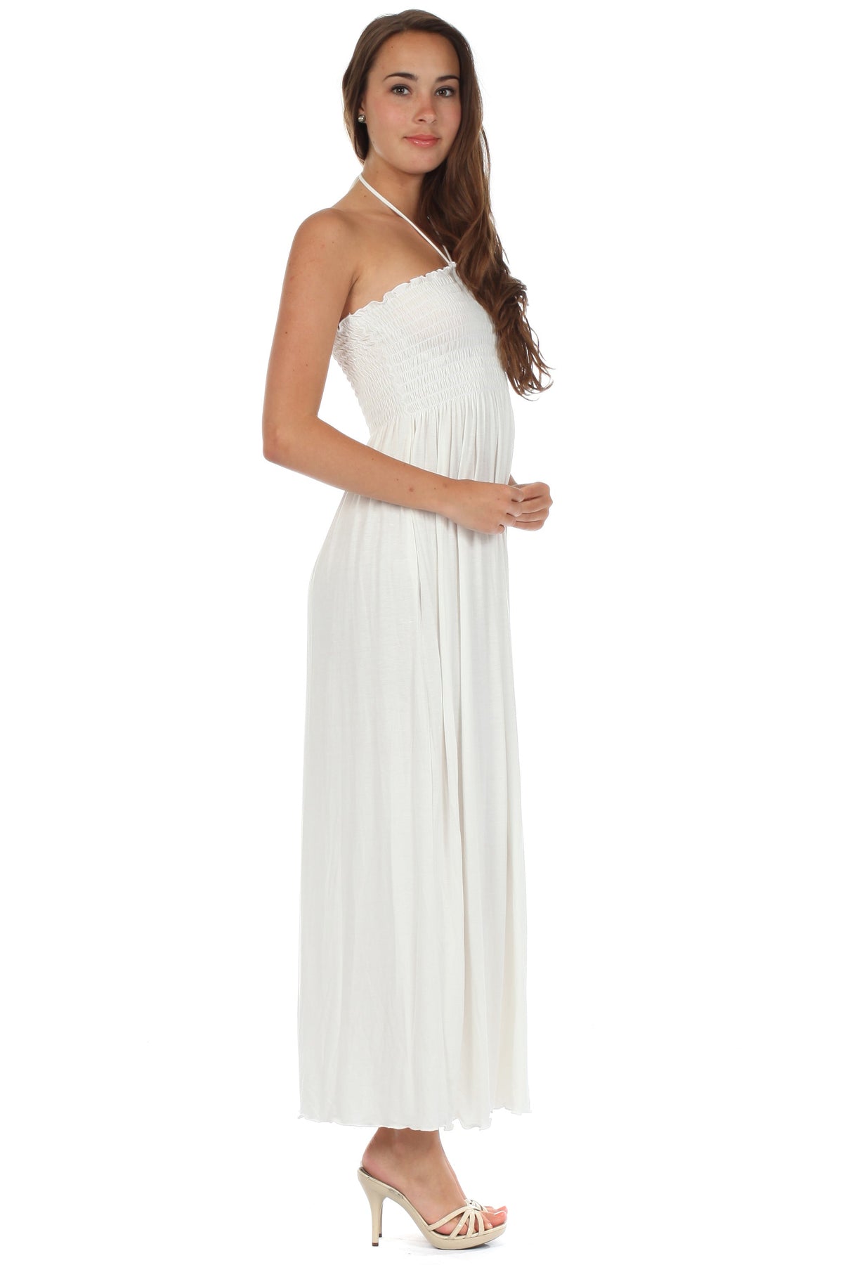 Sakkas Soft Jersey Feel Solid Color Smocked Bodice String Halter Long Dress