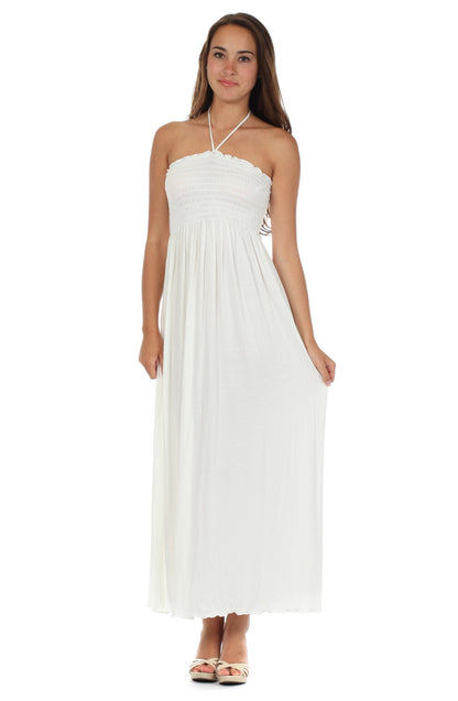 Sakkas Soft Jersey Feel Solid Color Smocked Bodice String Halter Long Dress