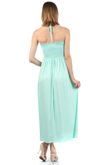 Sakkas Soft Jersey Feel Solid Color Smocked Bodice String Halter Long Dress