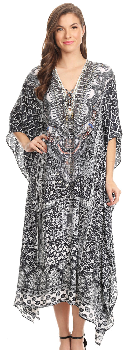 Sakkas Imani V-neck Silky Lightweight Colorful Flowy Rhinestone Kaftan / Cover Up