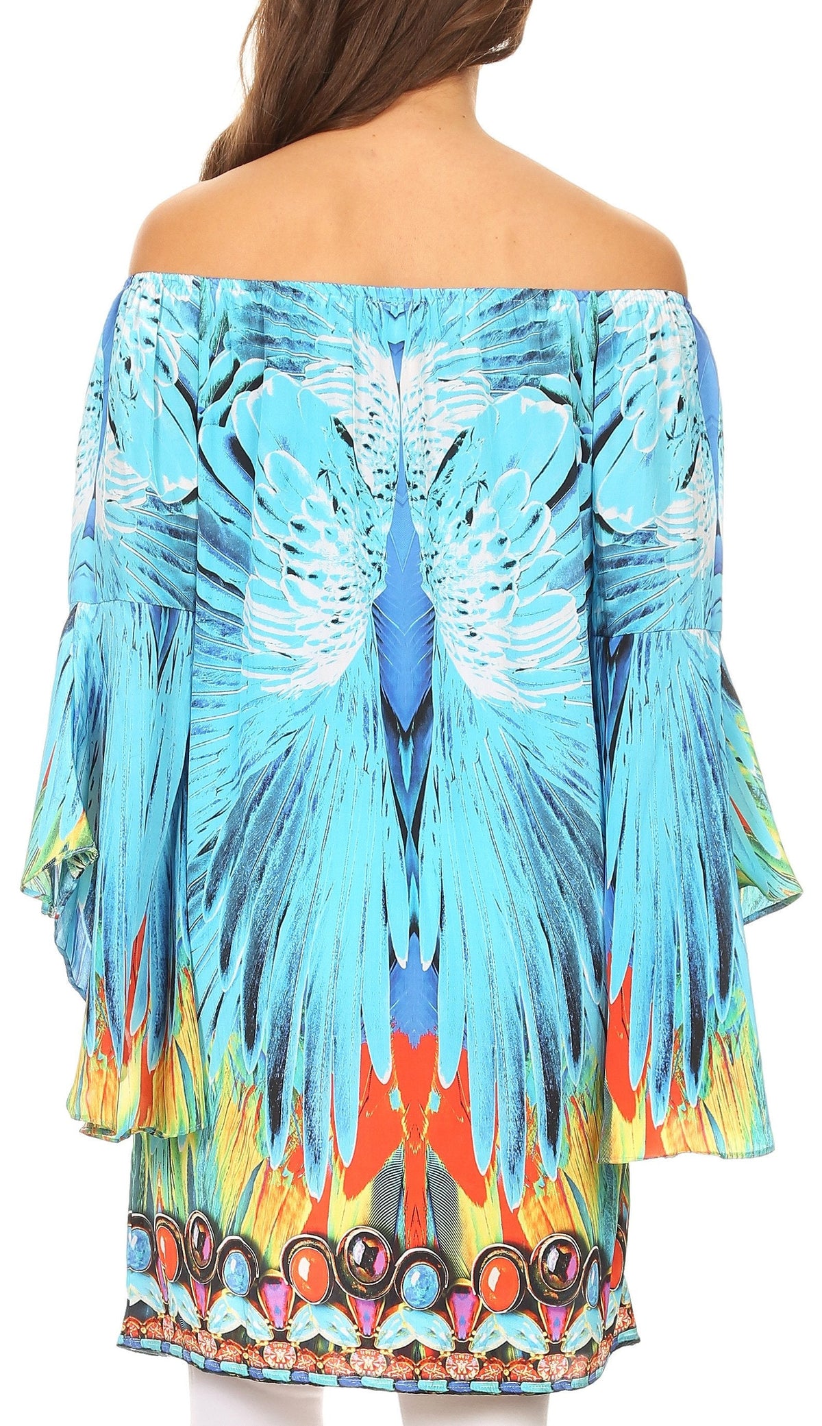 Sakkas Inna Colorful Shift Dress Tunic with Bell Ruffled Sleeves &amp; Rhinestones