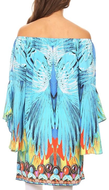 Sakkas Inna Colorful Shift Dress Tunic with Bell Ruffled Sleeves &amp; Rhinestones