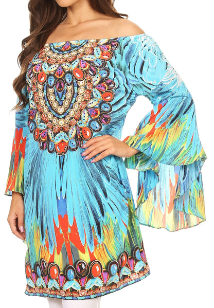 Sakkas Inna Colorful Shift Dress Tunic with Bell Ruffled Sleeves &amp; Rhinestones