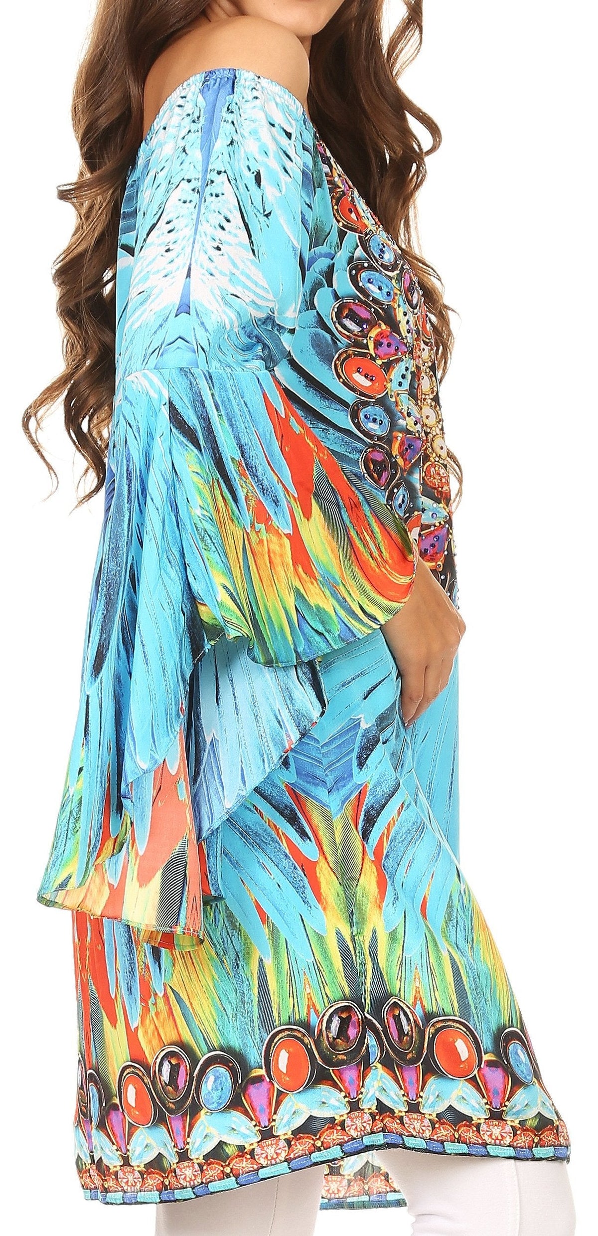 Sakkas Inna Colorful Shift Dress Tunic with Bell Ruffled Sleeves &amp; Rhinestones