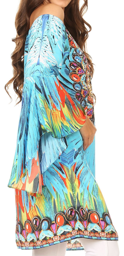 Sakkas Inna Colorful Shift Dress Tunic with Bell Ruffled Sleeves &amp; Rhinestones