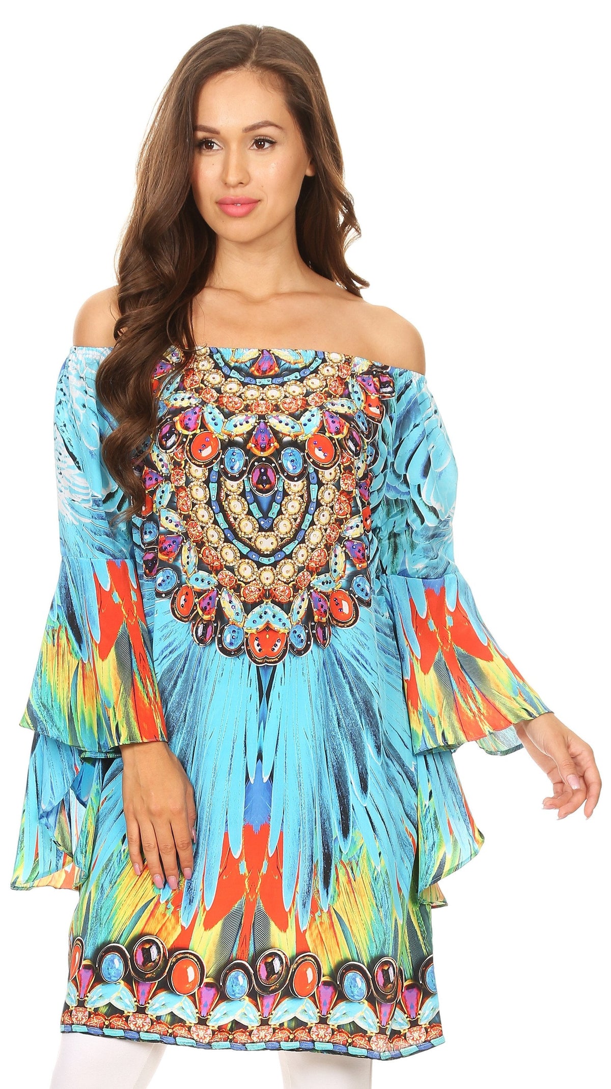 Sakkas Inna Colorful Shift Dress Tunic with Bell Ruffled Sleeves &amp; Rhinestones
