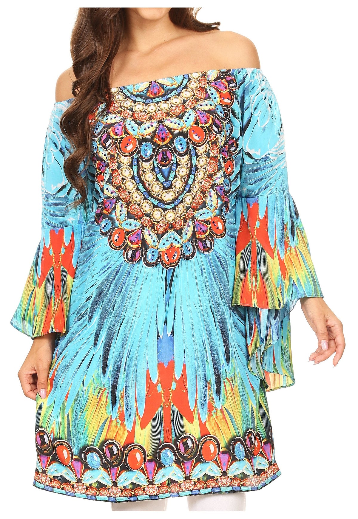 Sakkas Inna Colorful Shift Dress Tunic with Bell Ruffled Sleeves &amp; Rhinestones