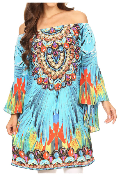 Sakkas Inna Colorful Shift Dress Tunic with Bell Ruffled Sleeves &amp; Rhinestones