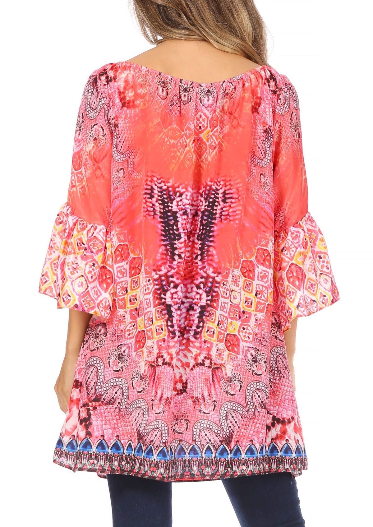 Sakkas Inna Colorful Shift Dress Tunic with Bell Ruffled Sleeves &amp; Rhinestones