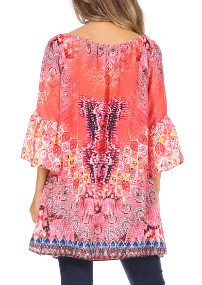 Sakkas Inna Colorful Shift Dress Tunic with Bell Ruffled Sleeves &amp; Rhinestones