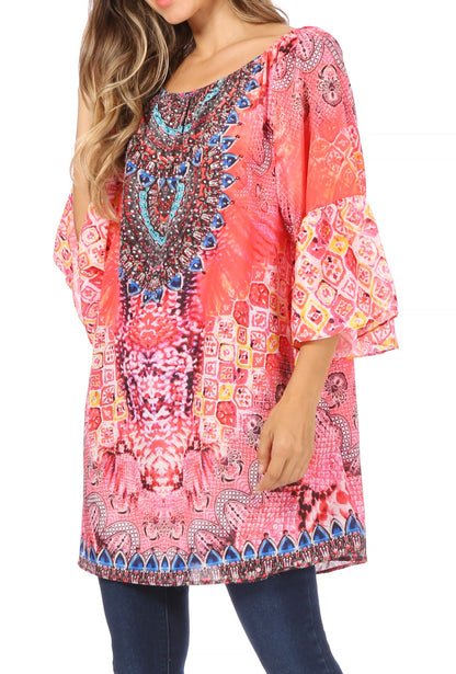 Sakkas Inna Colorful Shift Dress Tunic with Bell Ruffled Sleeves &amp; Rhinestones