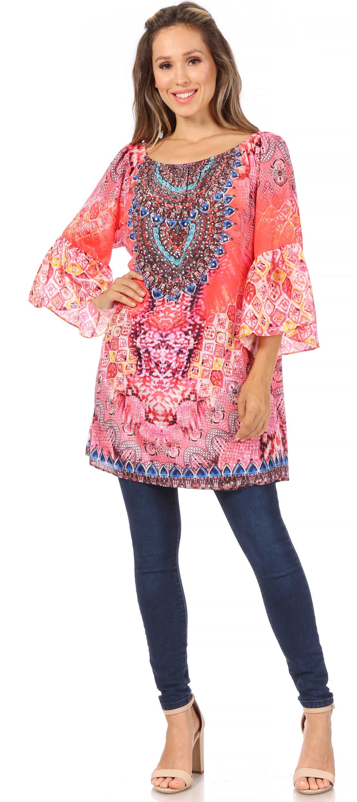 Sakkas Inna Colorful Shift Dress Tunic with Bell Ruffled Sleeves &amp; Rhinestones