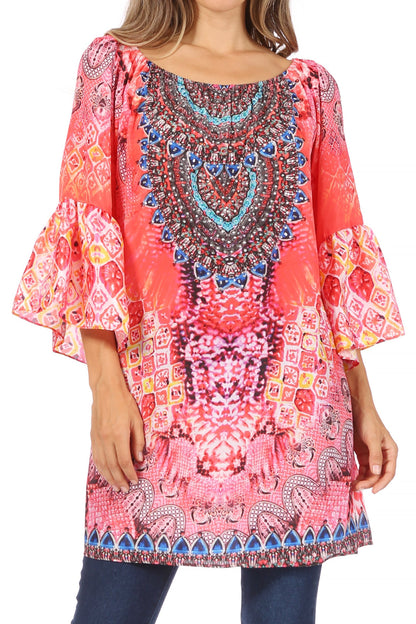 Sakkas Inna Colorful Shift Dress Tunic with Bell Ruffled Sleeves &amp; Rhinestones