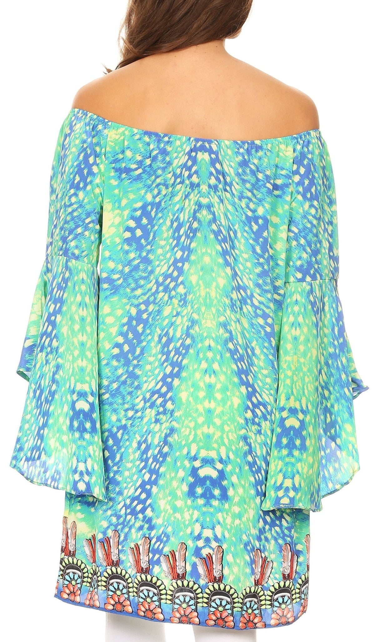 Sakkas Inna Colorful Shift Dress Tunic with Bell Ruffled Sleeves &amp; Rhinestones