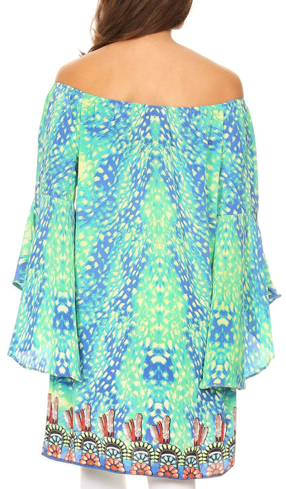 Sakkas Inna Colorful Shift Dress Tunic with Bell Ruffled Sleeves &amp; Rhinestones