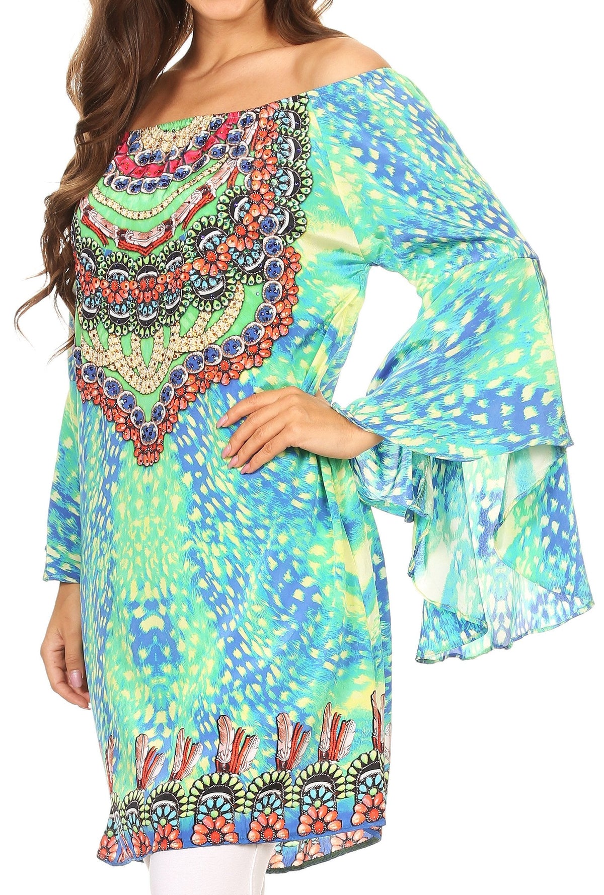 Sakkas Inna Colorful Shift Dress Tunic with Bell Ruffled Sleeves &amp; Rhinestones