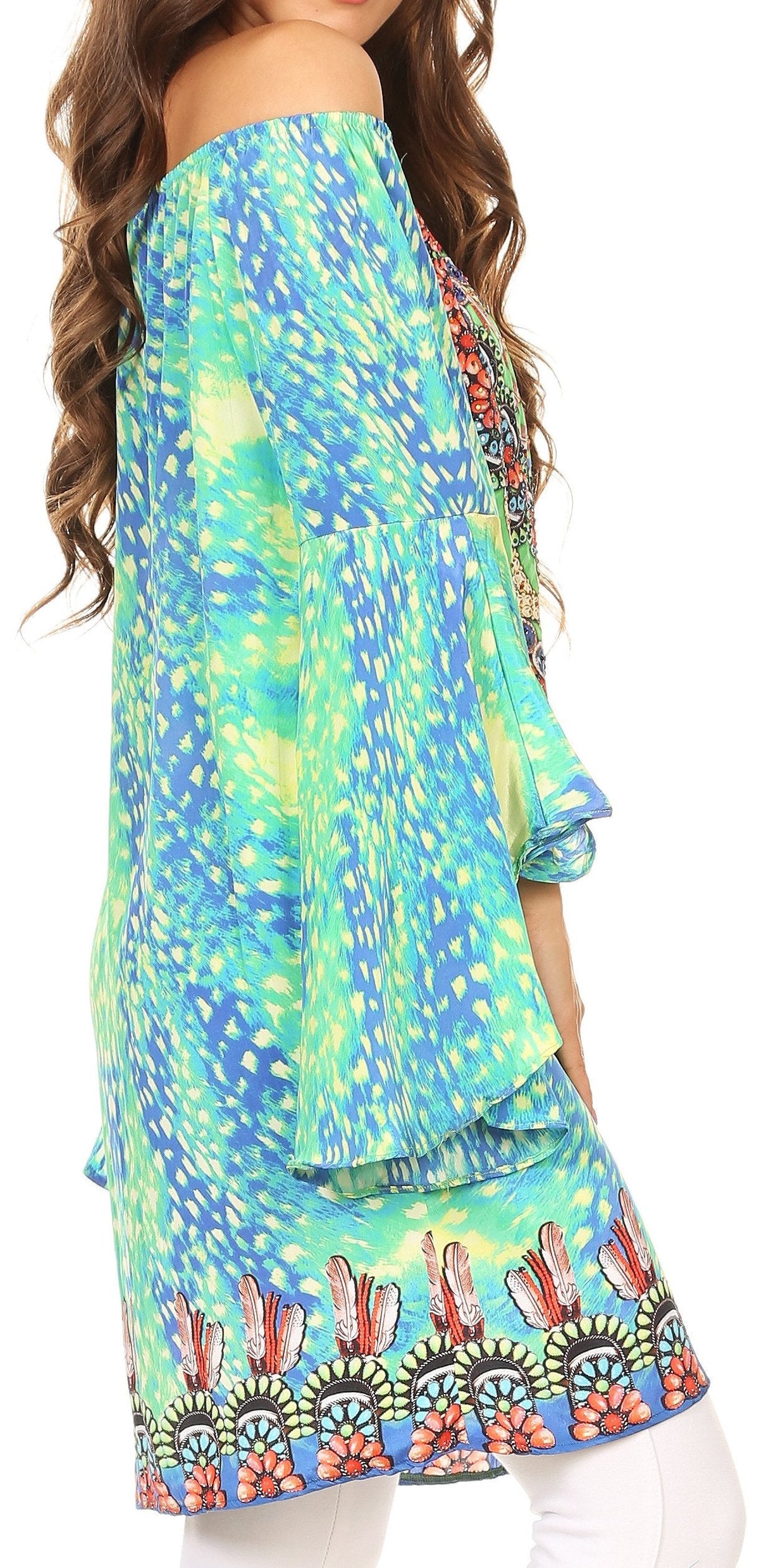 Sakkas Inna Colorful Shift Dress Tunic with Bell Ruffled Sleeves &amp; Rhinestones