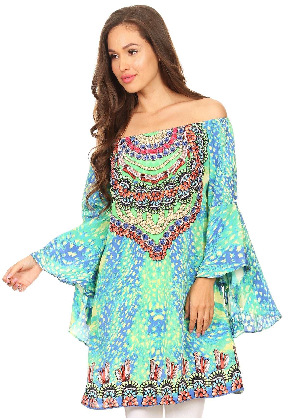 Sakkas Inna Colorful Shift Dress Tunic with Bell Ruffled Sleeves &amp; Rhinestones