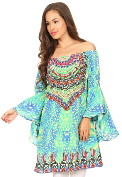 Sakkas Inna Colorful Shift Dress Tunic with Bell Ruffled Sleeves &amp; Rhinestones