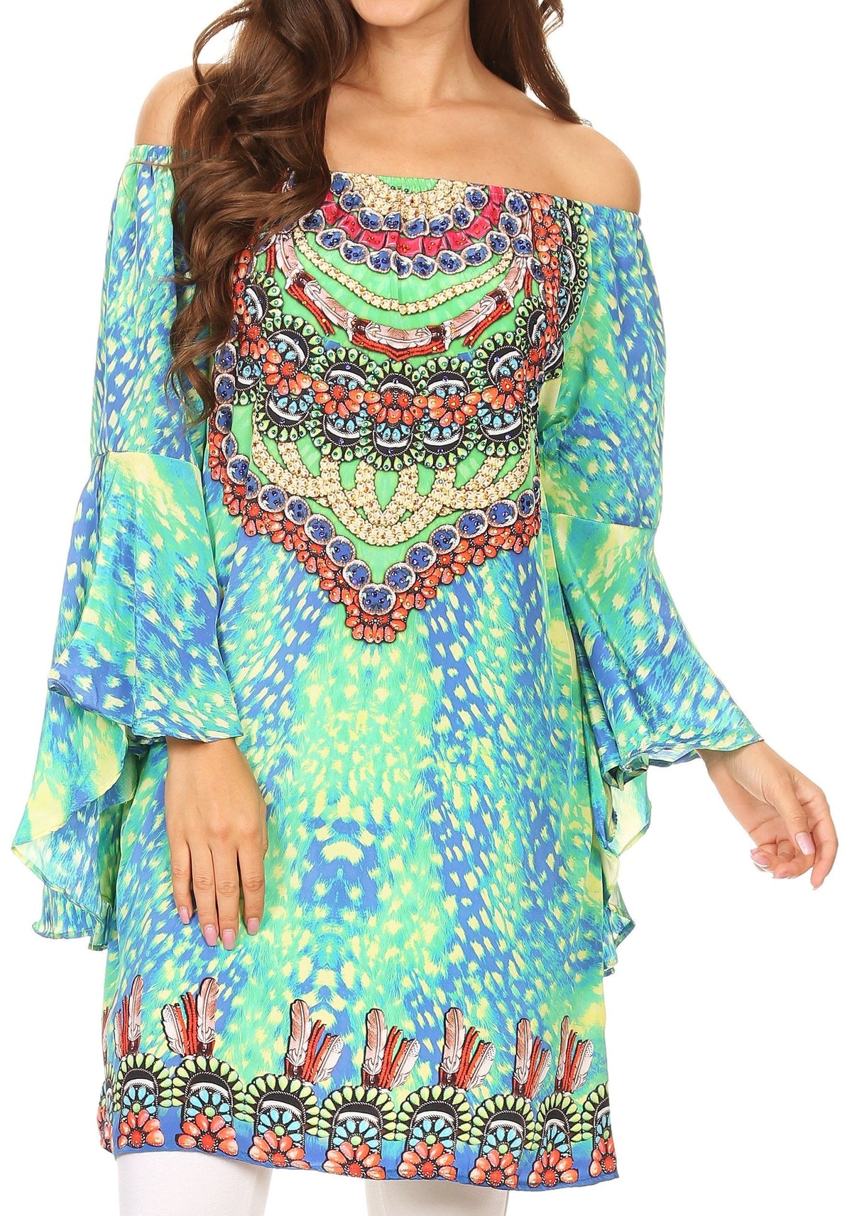 Sakkas Inna Colorful Shift Dress Tunic with Bell Ruffled Sleeves &amp; Rhinestones