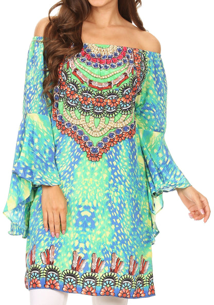 Sakkas Inna Colorful Shift Dress Tunic with Bell Ruffled Sleeves &amp; Rhinestones