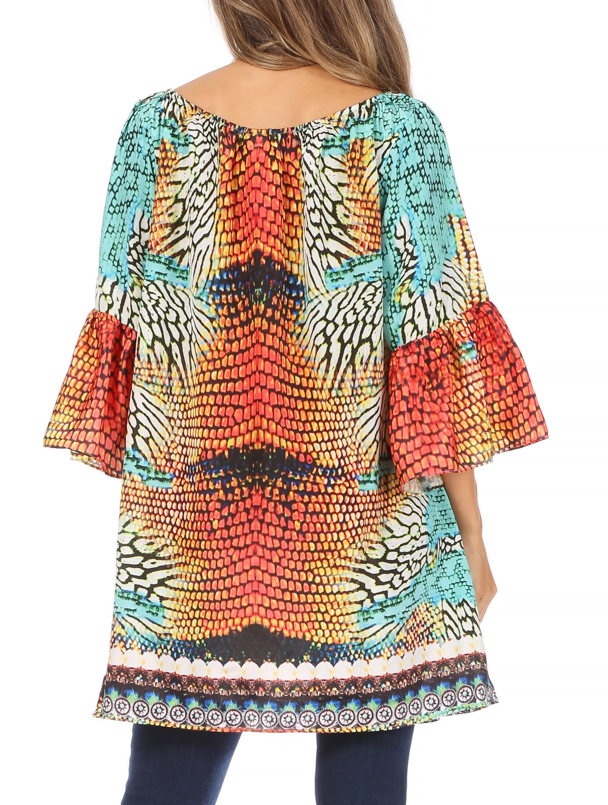 Sakkas Inna Colorful Shift Dress Tunic with Bell Ruffled Sleeves &amp; Rhinestones