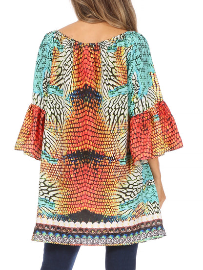 Sakkas Inna Colorful Shift Dress Tunic with Bell Ruffled Sleeves &amp; Rhinestones