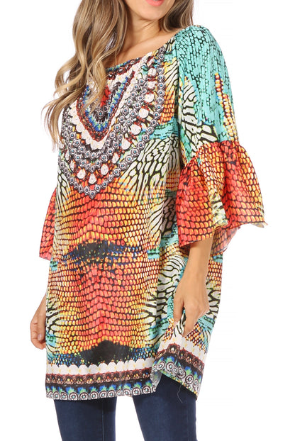 Sakkas Inna Colorful Shift Dress Tunic with Bell Ruffled Sleeves &amp; Rhinestones