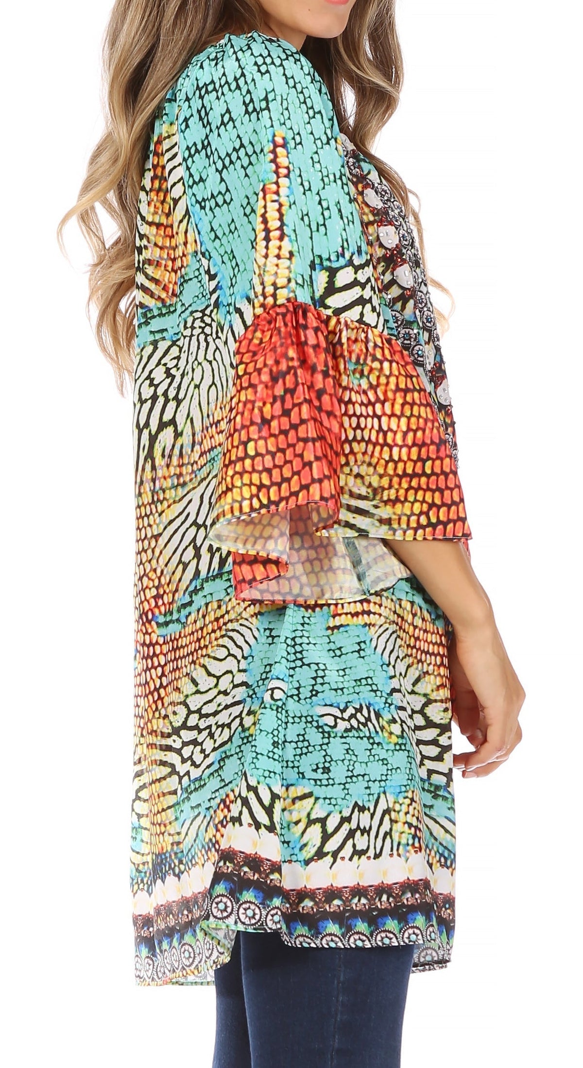 Sakkas Inna Colorful Shift Dress Tunic with Bell Ruffled Sleeves &amp; Rhinestones