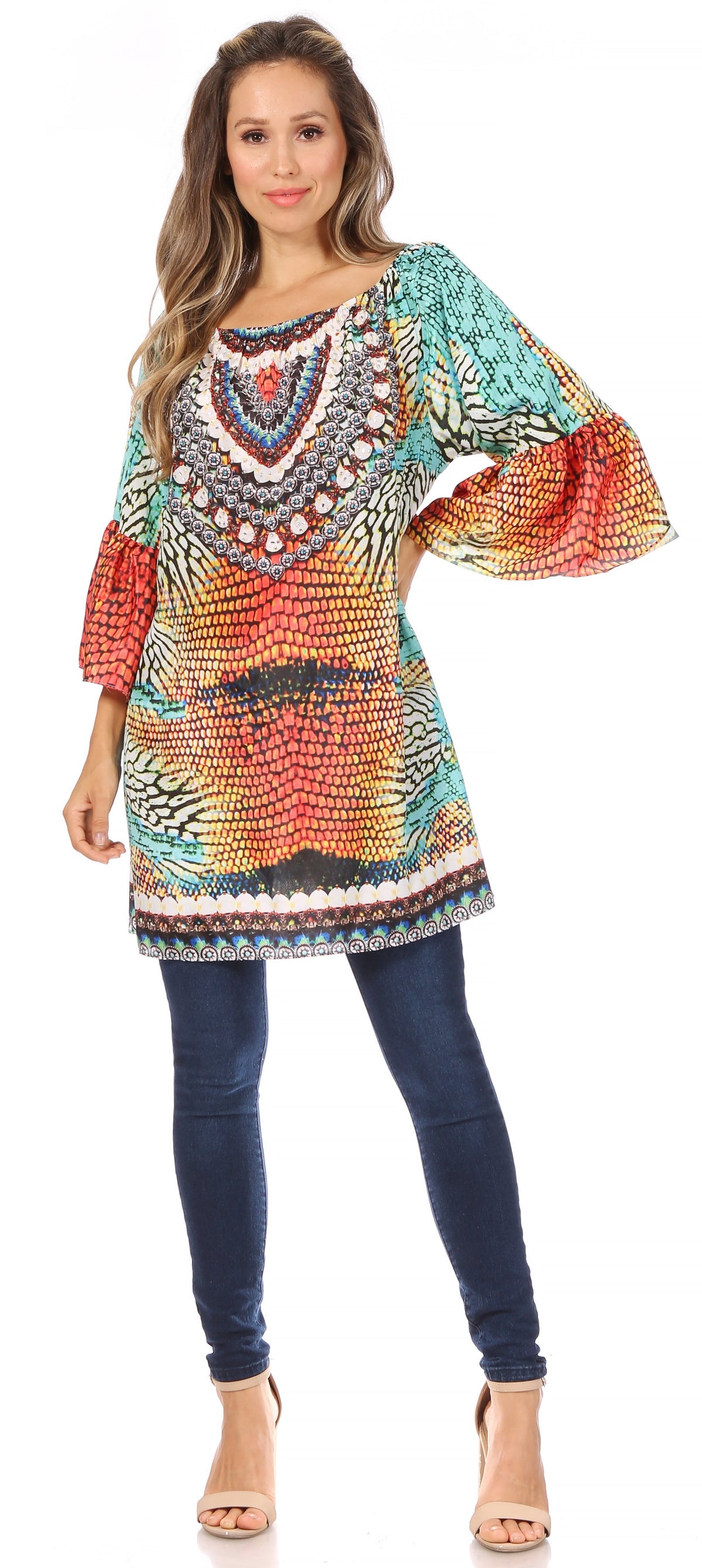 Sakkas Inna Colorful Shift Dress Tunic with Bell Ruffled Sleeves &amp; Rhinestones
