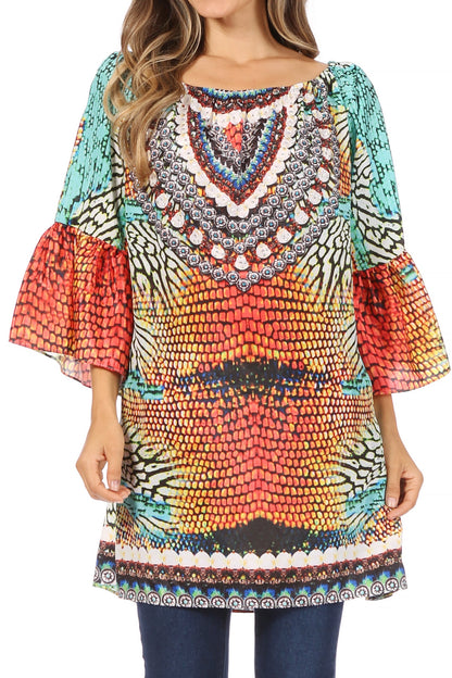 Sakkas Inna Colorful Shift Dress Tunic with Bell Ruffled Sleeves &amp; Rhinestones