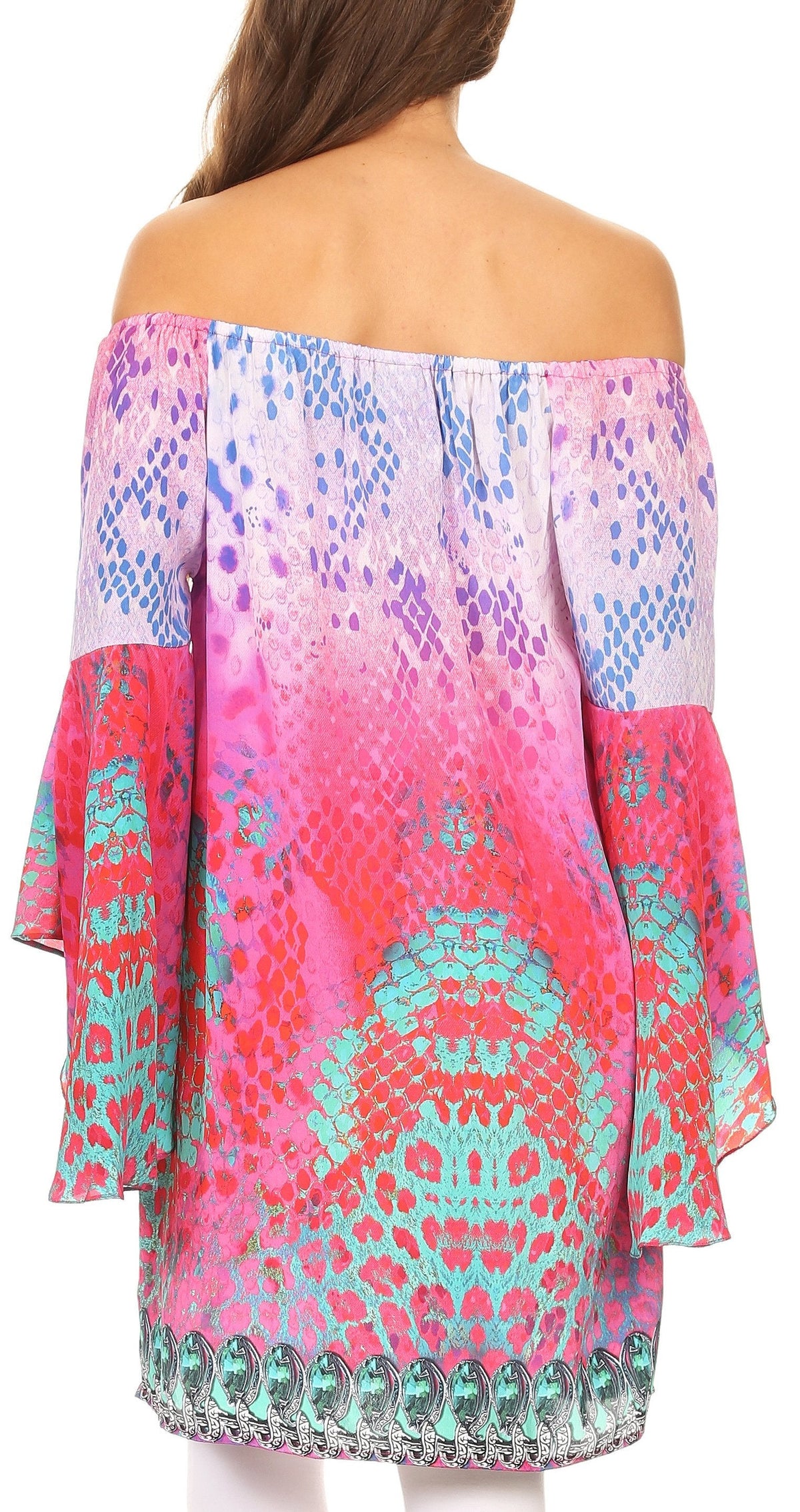 Sakkas Inna Colorful Shift Dress Tunic with Bell Ruffled Sleeves &amp; Rhinestones
