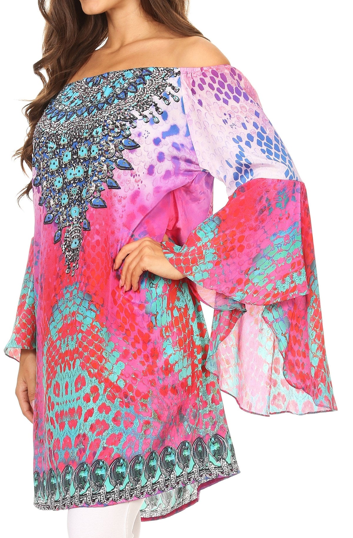 Sakkas Inna Colorful Shift Dress Tunic with Bell Ruffled Sleeves &amp; Rhinestones