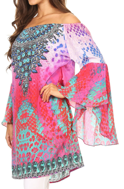Sakkas Inna Colorful Shift Dress Tunic with Bell Ruffled Sleeves &amp; Rhinestones