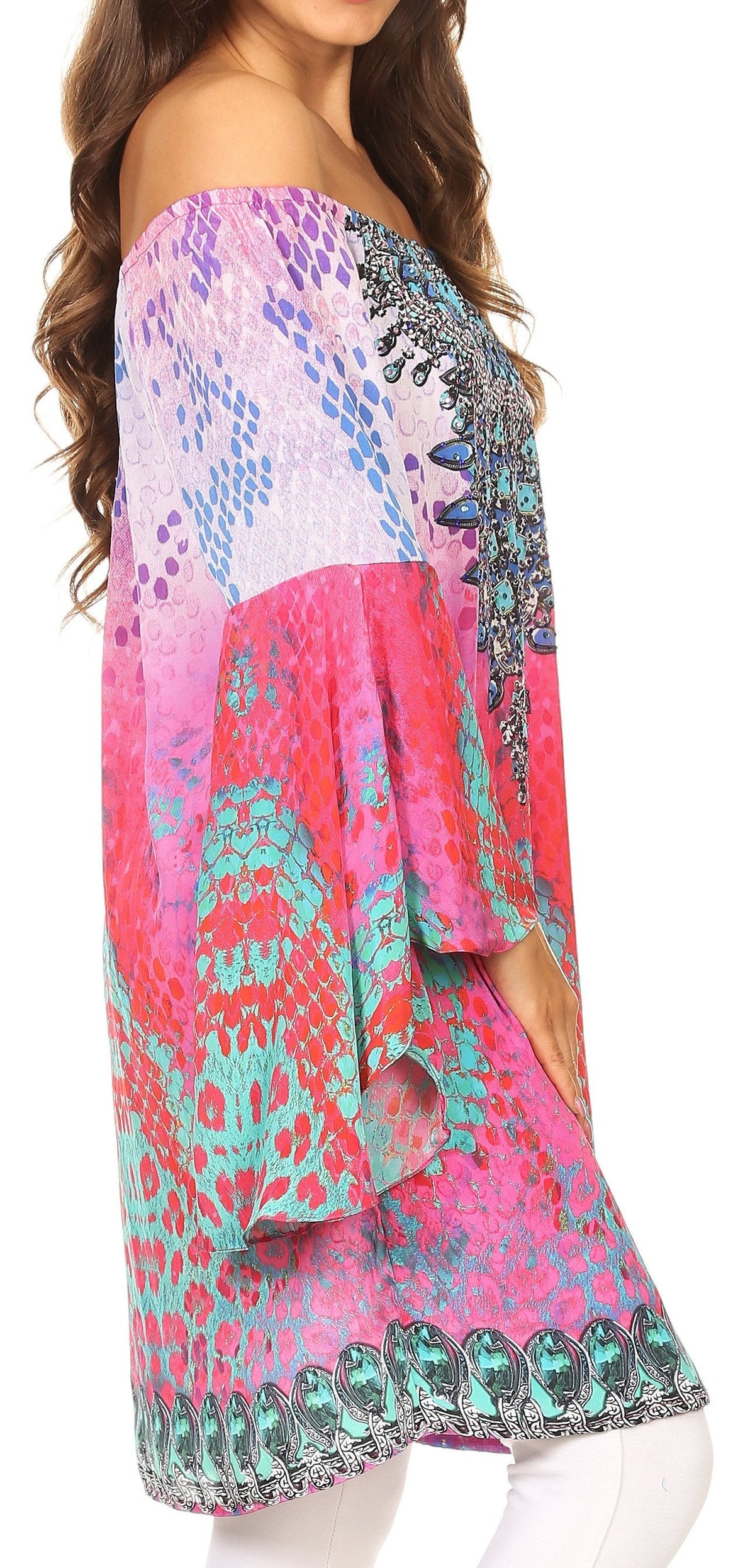Sakkas Inna Colorful Shift Dress Tunic with Bell Ruffled Sleeves &amp; Rhinestones