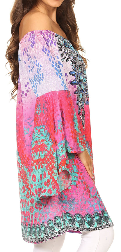 Sakkas Inna Colorful Shift Dress Tunic with Bell Ruffled Sleeves &amp; Rhinestones