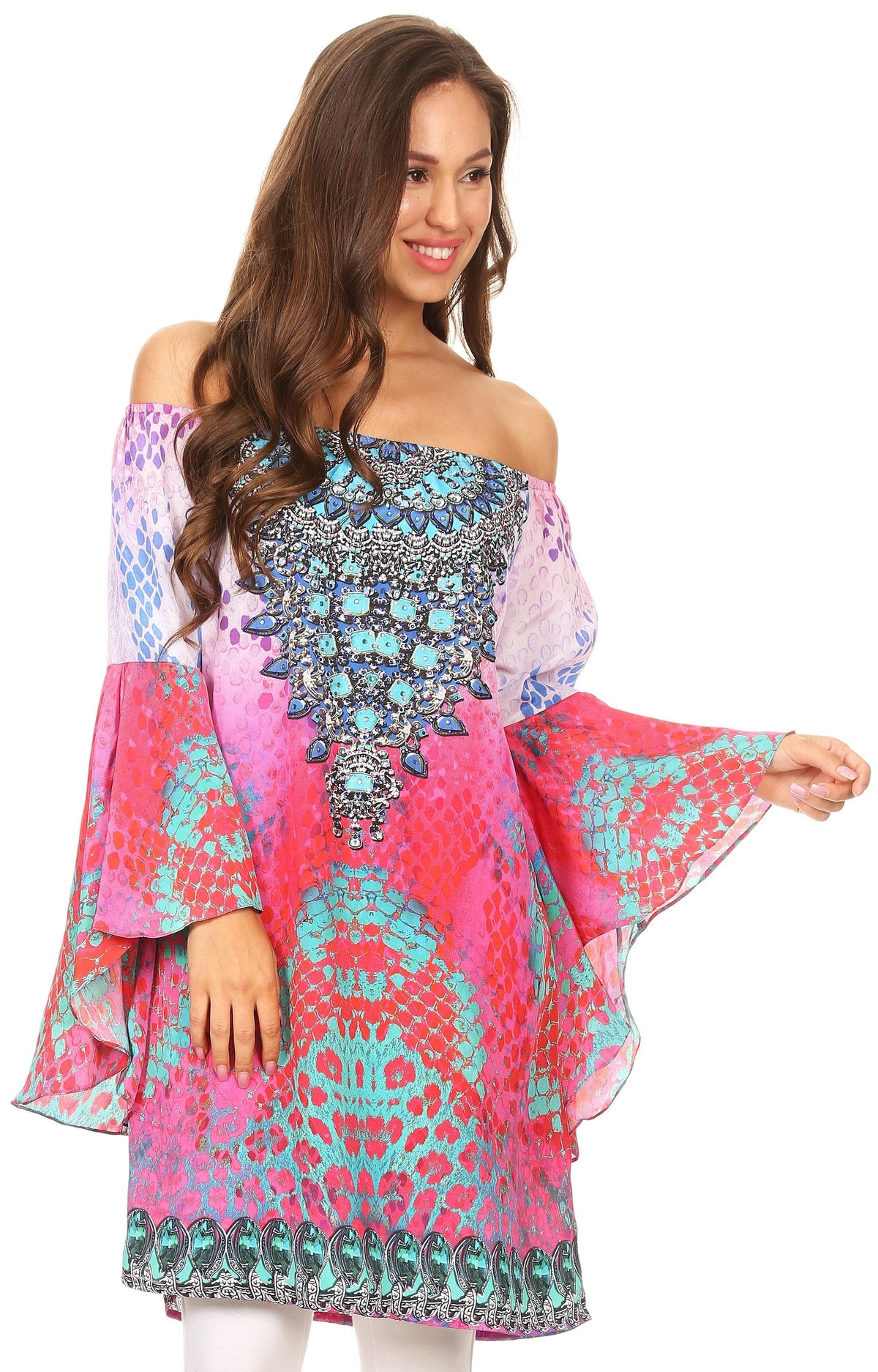 Sakkas Inna Colorful Shift Dress Tunic with Bell Ruffled Sleeves &amp; Rhinestones