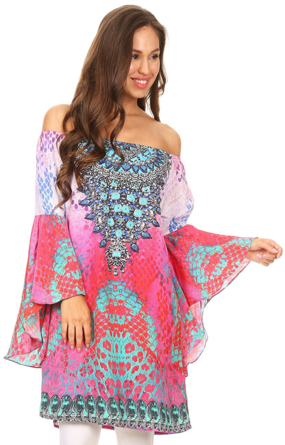 Sakkas Inna Colorful Shift Dress Tunic with Bell Ruffled Sleeves &amp; Rhinestones