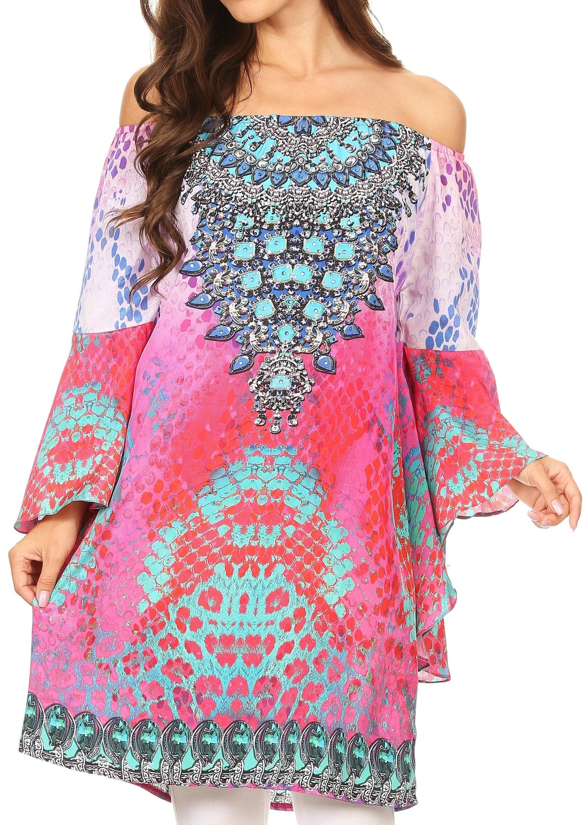 Sakkas Inna Colorful Shift Dress Tunic with Bell Ruffled Sleeves &amp; Rhinestones