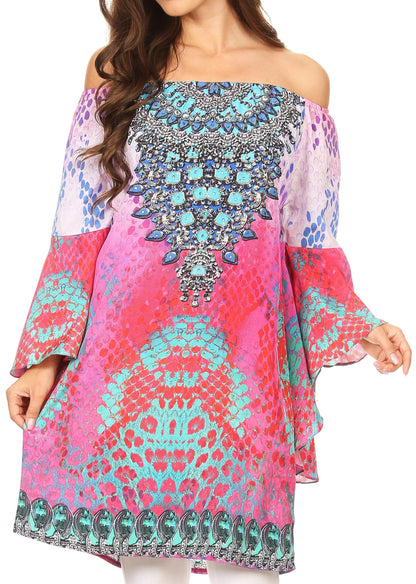 Sakkas Inna Colorful Shift Dress Tunic with Bell Ruffled Sleeves &amp; Rhinestones