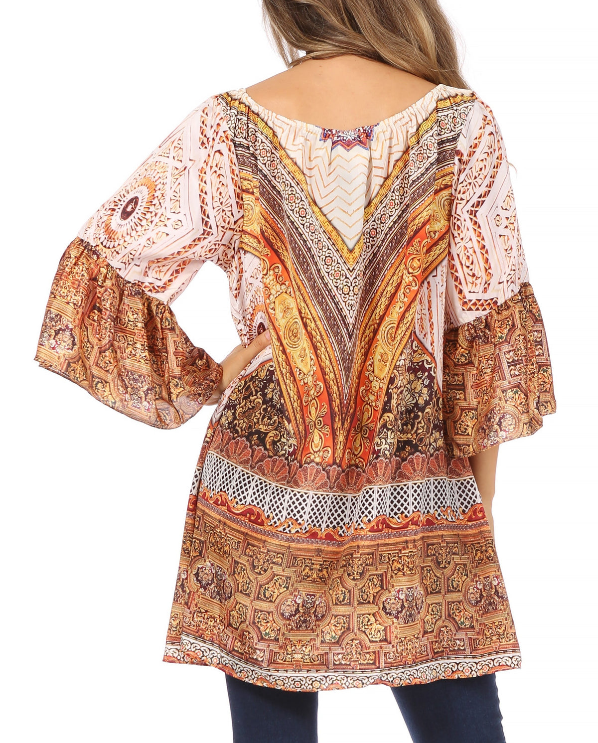Sakkas Inna Colorful Shift Dress Tunic with Bell Ruffled Sleeves &amp; Rhinestones