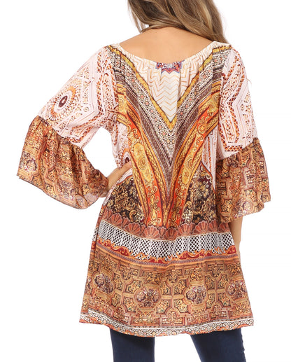 Sakkas Inna Colorful Shift Dress Tunic with Bell Ruffled Sleeves &amp; Rhinestones