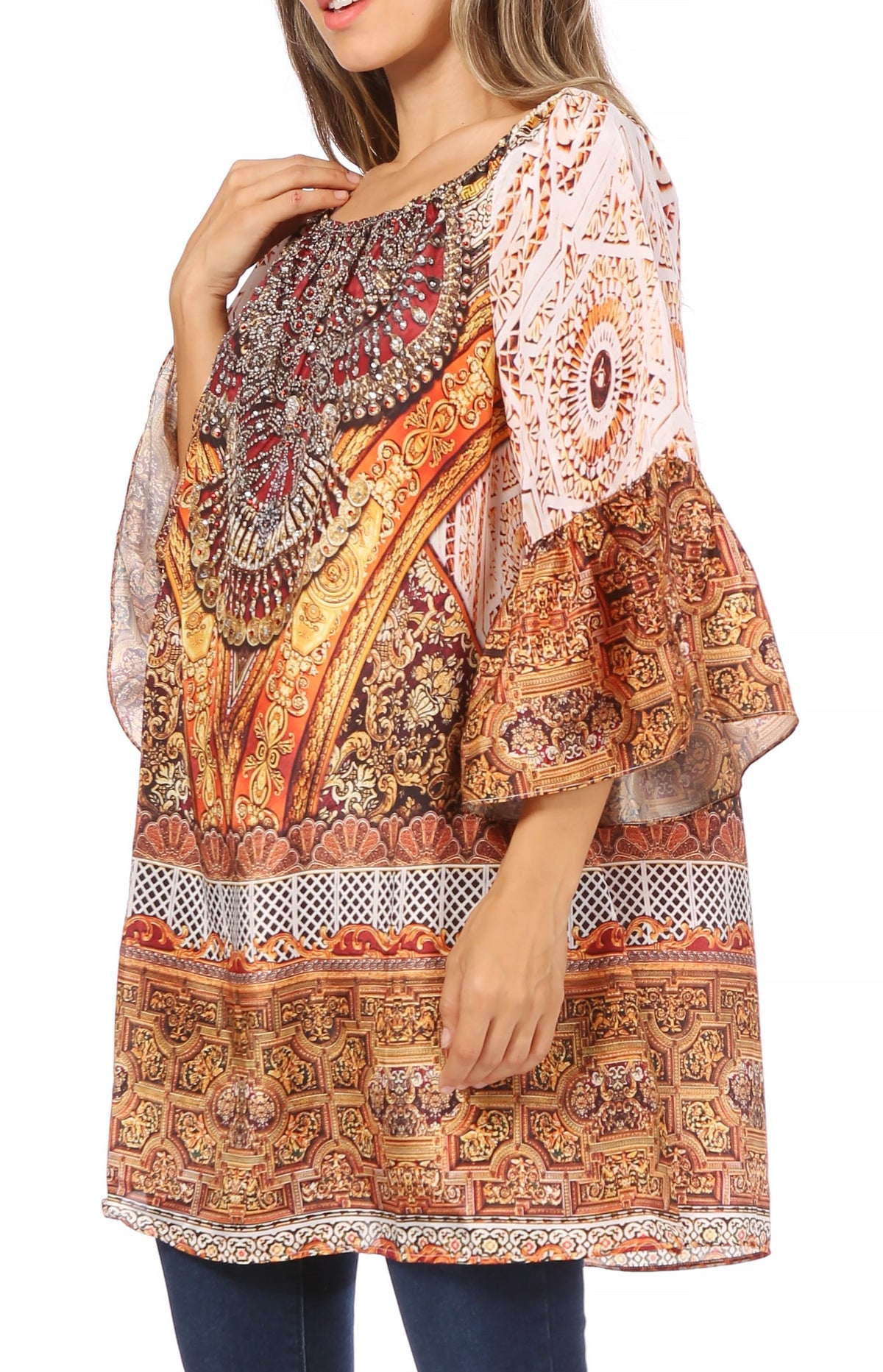 Sakkas Inna Colorful Shift Dress Tunic with Bell Ruffled Sleeves &amp; Rhinestones