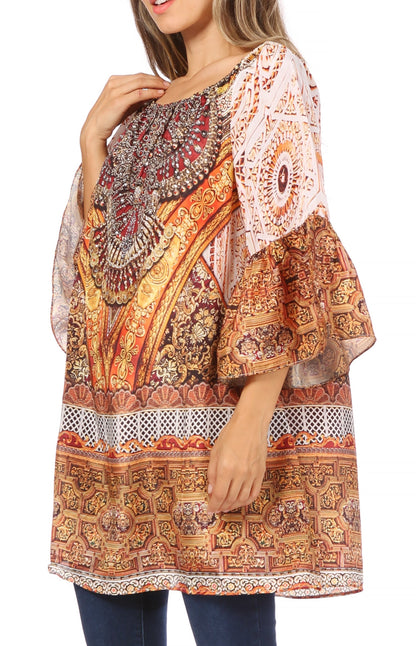 Sakkas Inna Colorful Shift Dress Tunic with Bell Ruffled Sleeves &amp; Rhinestones