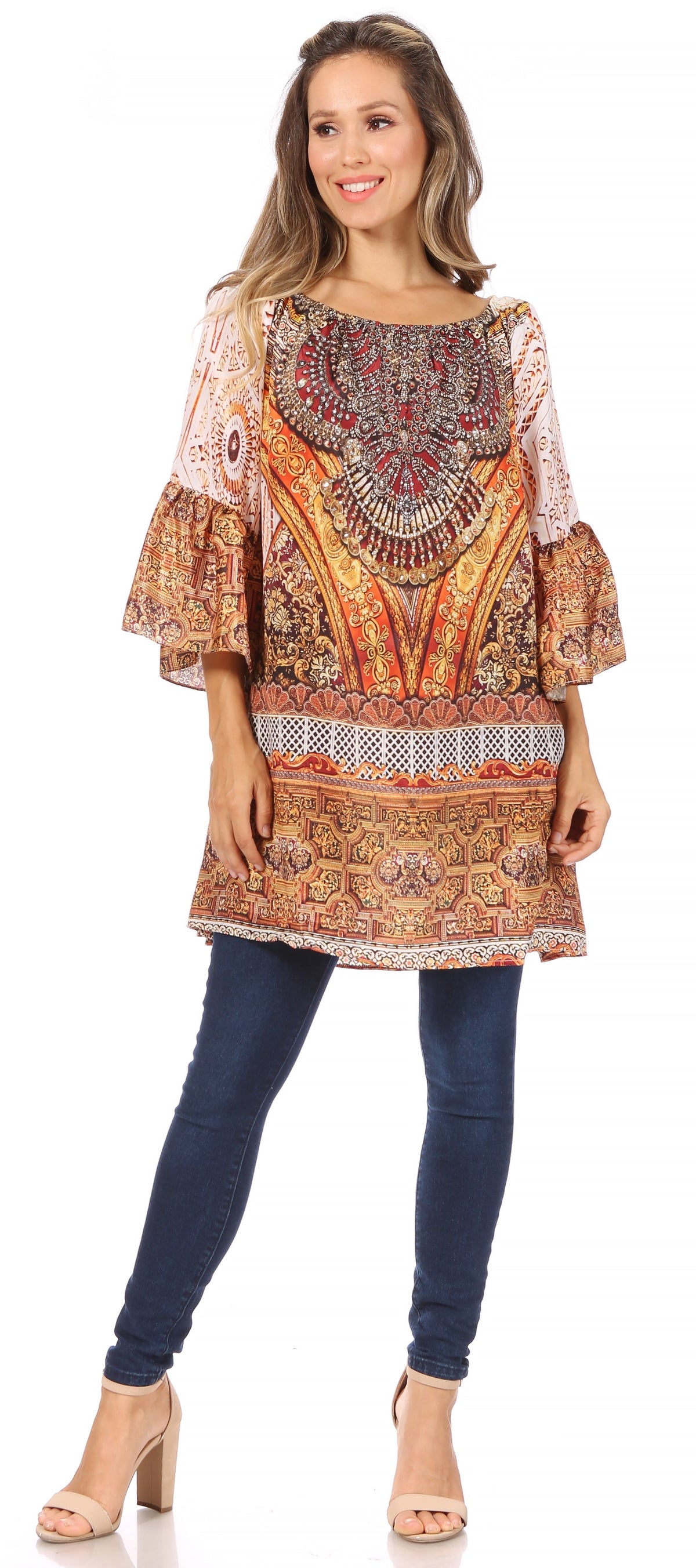 Sakkas Inna Colorful Shift Dress Tunic with Bell Ruffled Sleeves &amp; Rhinestones