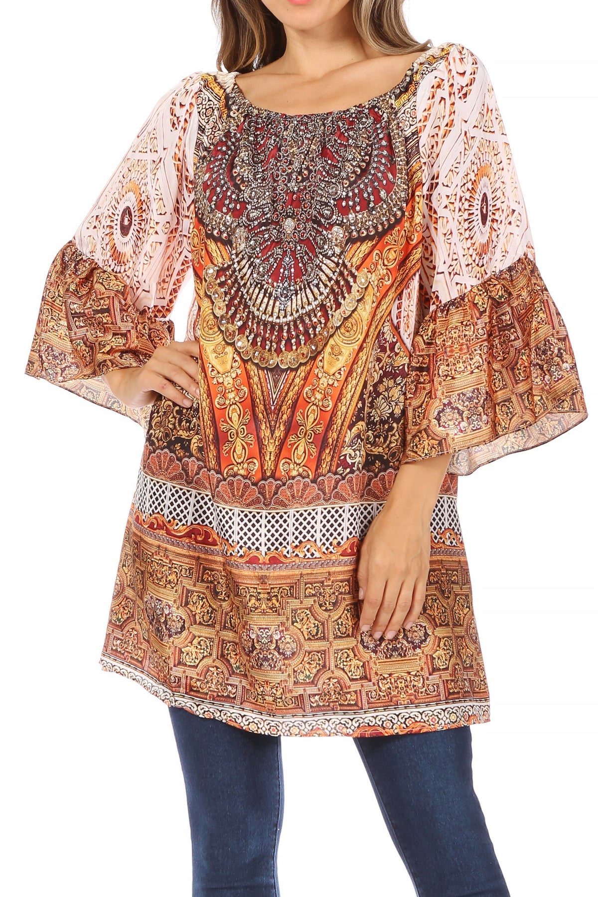 Sakkas Inna Colorful Shift Dress Tunic with Bell Ruffled Sleeves &amp; Rhinestones