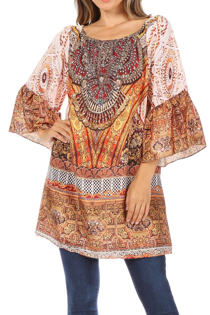 Sakkas Inna Colorful Shift Dress Tunic with Bell Ruffled Sleeves &amp; Rhinestones