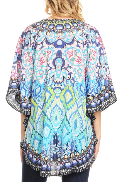 Sakkas Tallulah Wide Circle Blouse V Neck Top With Tassle Ties And Rhinestones