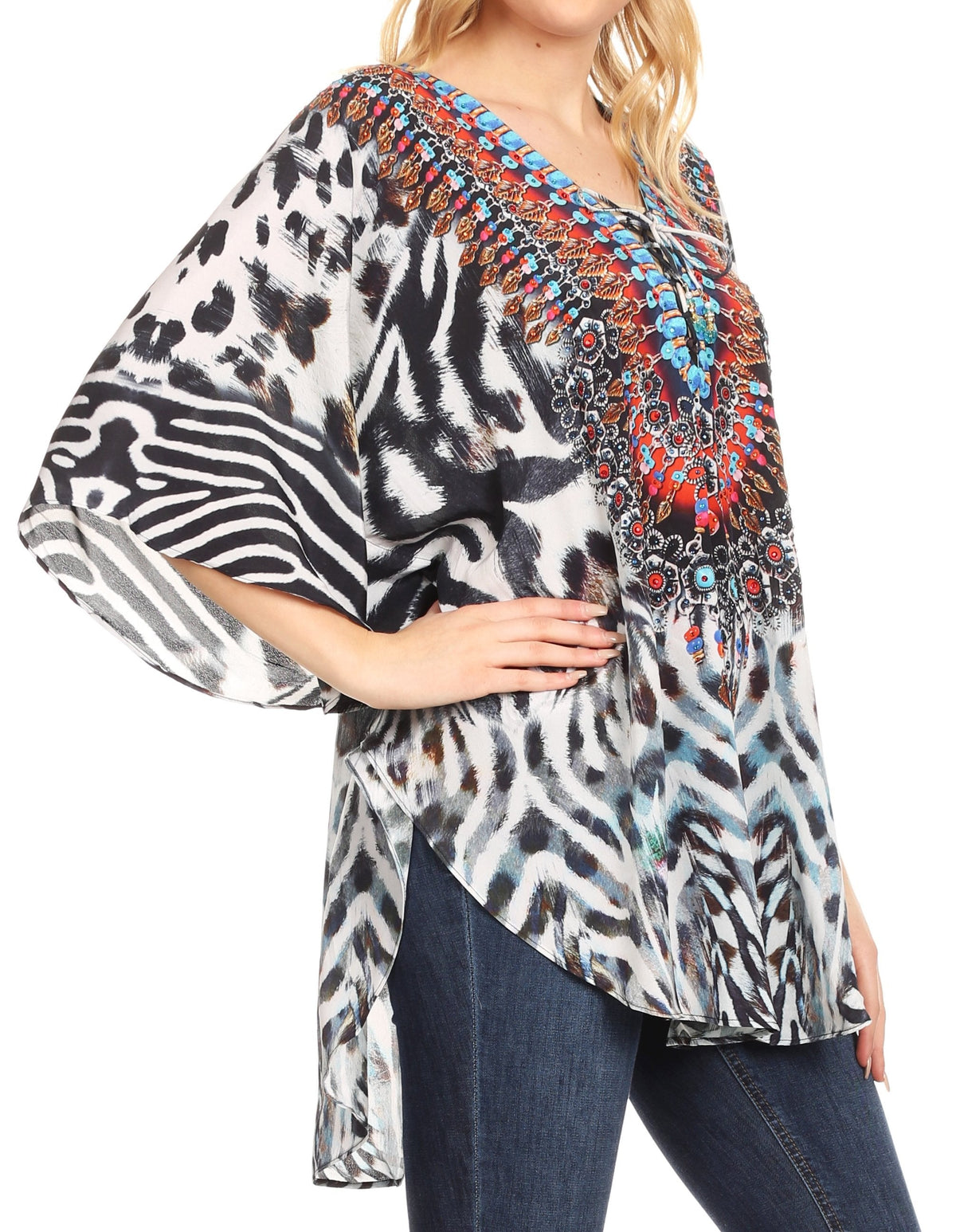 Sakkas Tallulah Wide Circle Blouse V Neck Top With Tassle Ties And Rhinestones