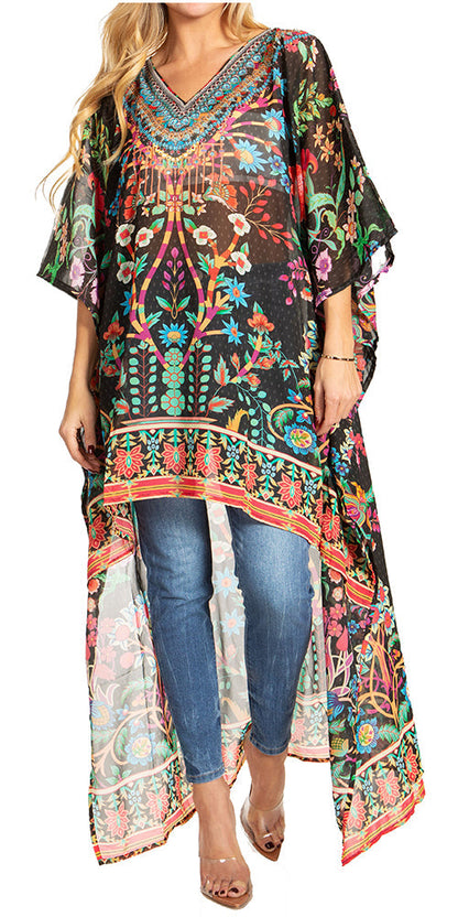 Sakkas Zeke Hi Low V-Neck Caftan Dress Printed Top Cover / Up